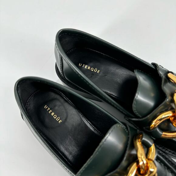 Uterque Women’s Green Leather Loafers Gold Chain Size 37 - Picture 7 of 8